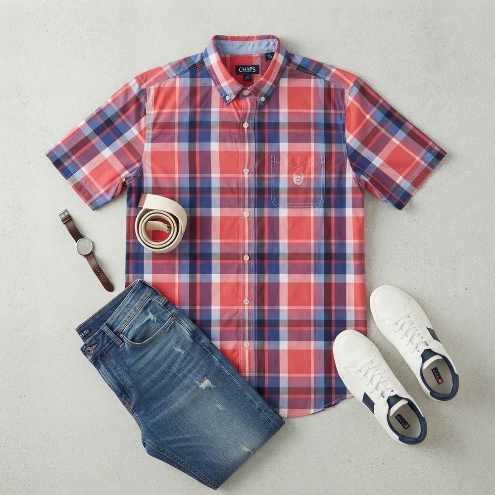 Chaps Mens Easy Care Plaid Short Sleeve Button Down Shirt Red Blue White Size M